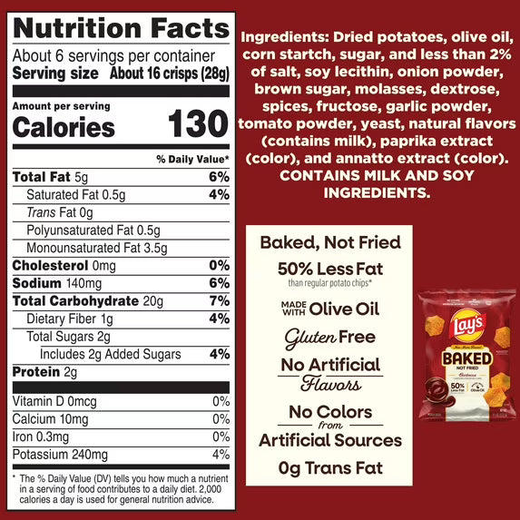 Baked Lay’s 50% Less Fat Barbecue Potato Chips Bag, 6.25 oz