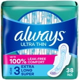Always Ultra Thin Daytime Pads with Wings, Size 3, Unscented, 38 Count