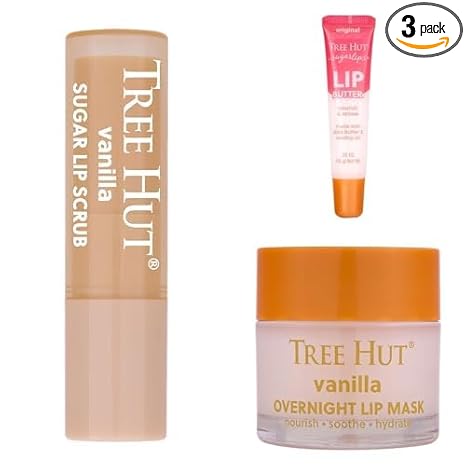 Tree Hut Lip Care Bundle, Vanilla Lip Scrub Stick, Sugarlips Lip Butter, and Vanilla Overnight Lip Mask, Exfoliate, Nourish & Hydrate for Soft, Supple Lips, Non-Sticky, Sulfate-Free & Paraben-Free