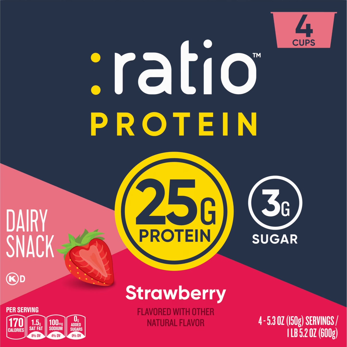Ratio Yogurt Protein Cultured Dairy Snack, Strawberry, 25g Protein, 1 lb. 5.2 oz (4 Cups)