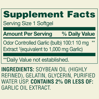 Spring Valley Odor-Controlled Garlic Dietary Supplement Softgels for Heart Health, 1000 mg, 120 Count