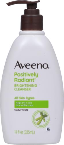 Aveeno Positively Radiant Brightening Facial Cleanser with Moisture Rich Soy Extract, Helps Even Skin Tone & Texture While Gently Lifting Away Dirt, Oil & Makeup, Sulfate-Free, 11 fl. oz (Pack of 2)