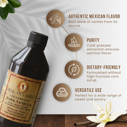 Pure Dark Mexican Vanilla Extract Gluten Free Vanilla for Baking Cakes, Cookies, Desserts, Coffee & Beverages Natural, Bold Flavour 240ml / 8.12 fl oz bottle