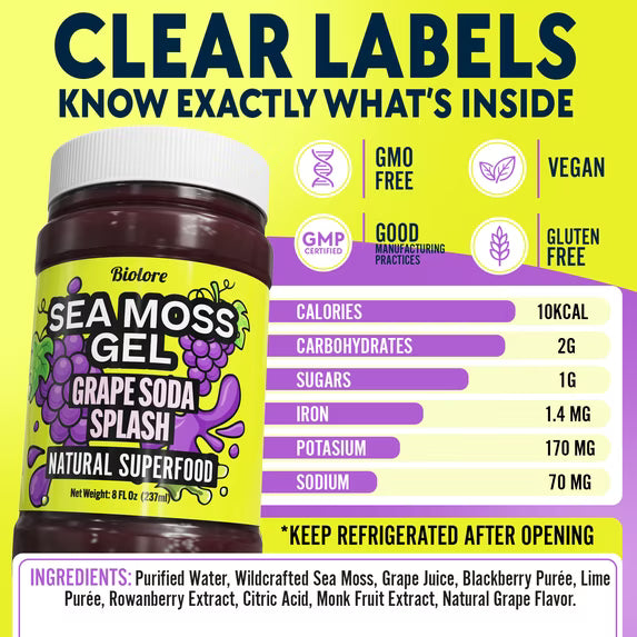 Biolore Grape Splash Sea Moss Gel, 8 oz – No Added Sugar, Vegan, Ready-to-Use Wildcrafted Sea Moss Gel with Monk Fruit, Smoothie & Food Add-In