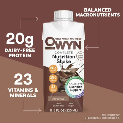 OWYN Complete Nutrition 20g Protein Shake, Chocolate, 11.15 fl oz, 4 Count