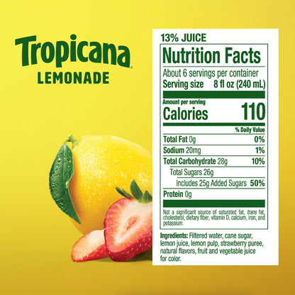 Tropicana Refreshers Strawberry Lemonade, Made with Real Lemons, 46 fl oz Bottle