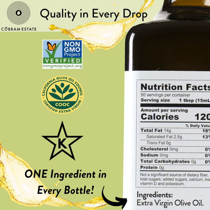 Cobram Estate Mild Flavor 100% California Extra Virgin Olive Oil, 12.7 fl oz Bottle – First Cold Pressed, Easy-Pour Cooking Oil
