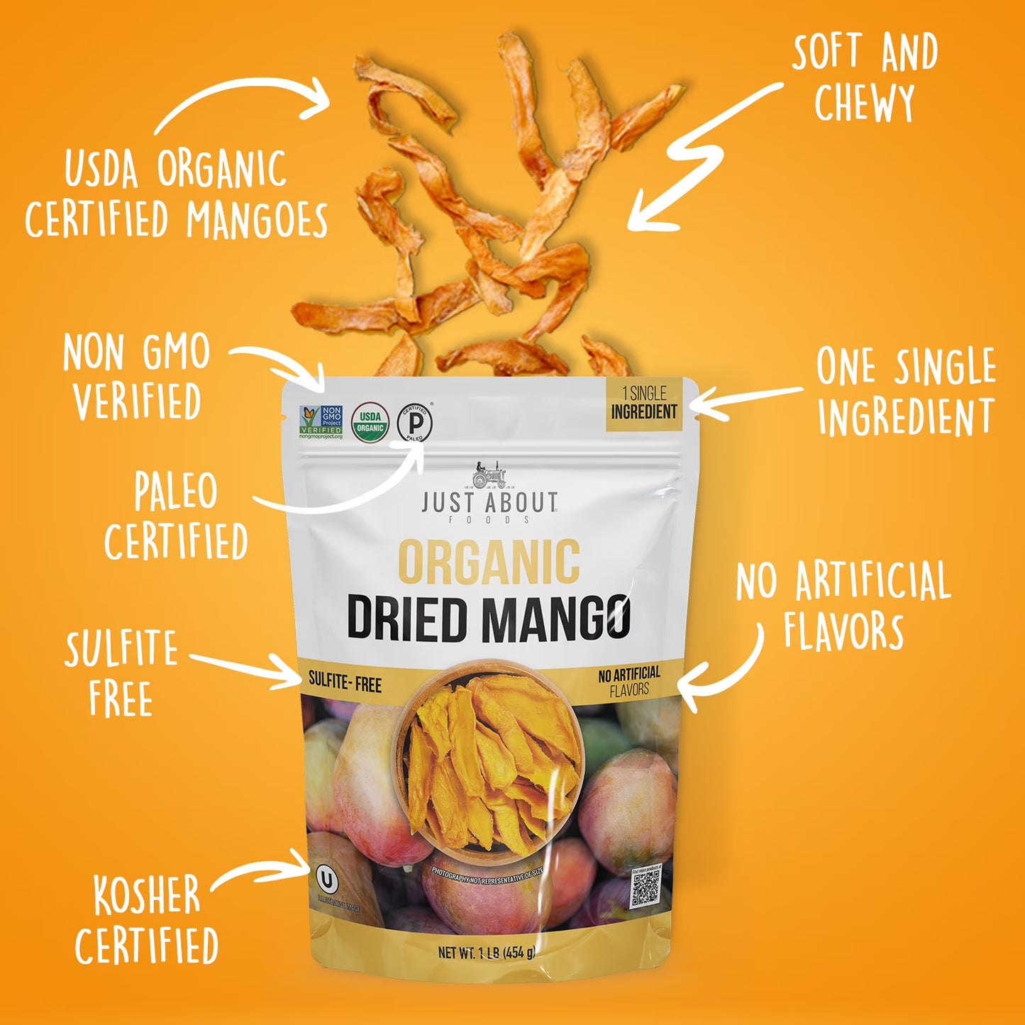 Just About Organic Dried Mango, Healthy Snack, 1 Lb