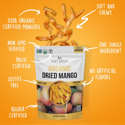Just About Organic Dried Mango, Healthy Snack, 1 Lb