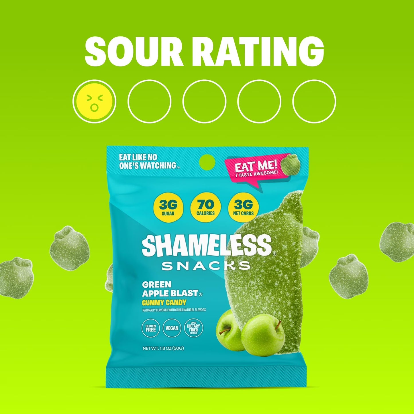 Shameless Snacks Green Apple Blast - Sour Candy & Fruit Snacks, Sour Apple Gummy Candy, Keto Snacks in Bulk, 3g Sugar Gluten Free Vegan for Kids & Adults