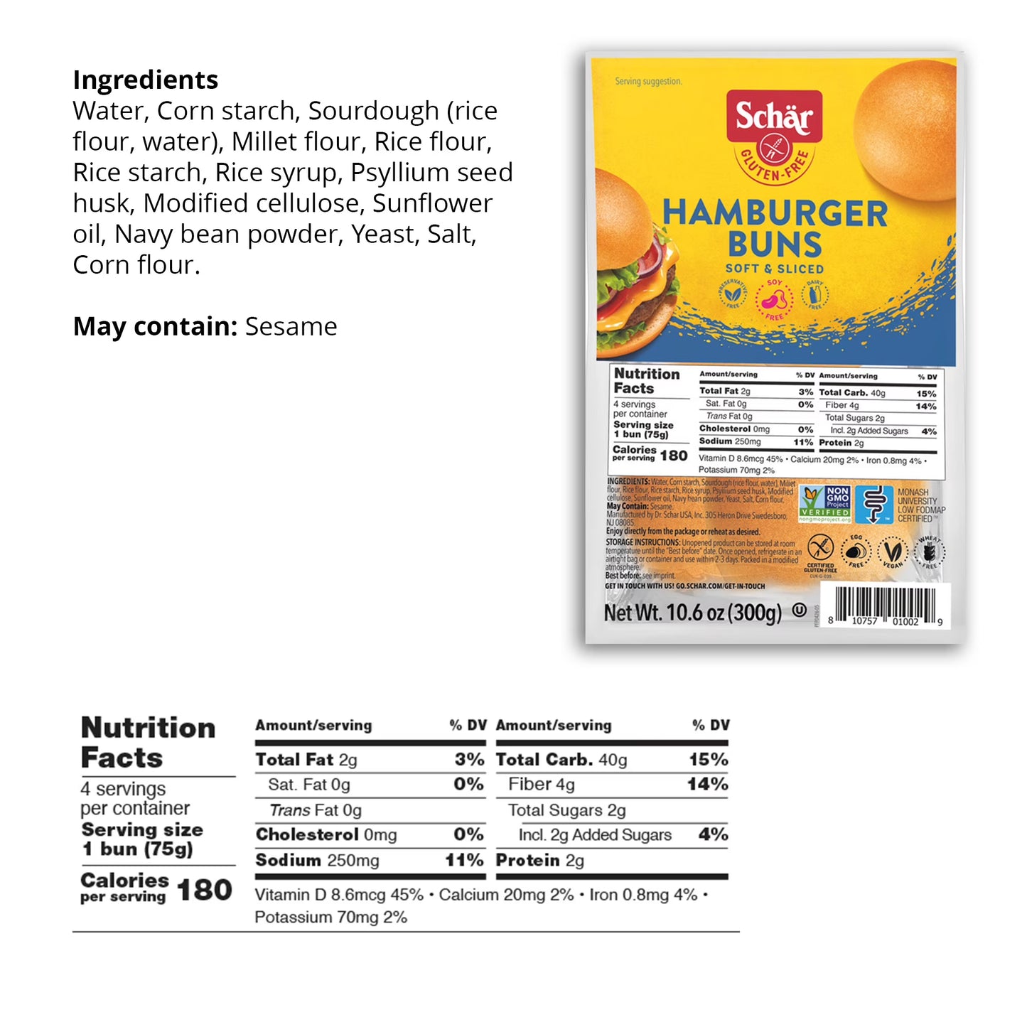 Schar Gluten Free Hamburger Buns, Shelf-Stable, 10.6 oz (4 Count)