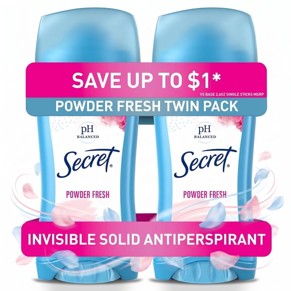 Secret Invisible Solid Antiperspirant Deodorant, Powder Fresh, 2.1 oz, Twin Pack