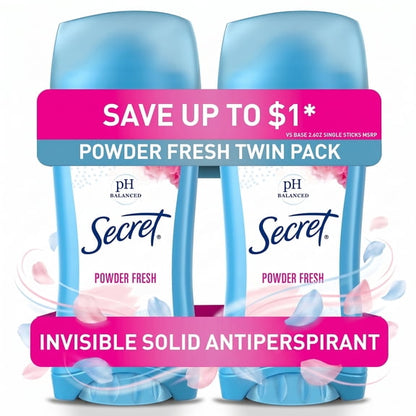 Secret Invisible Solid Antiperspirant Deodorant, Powder Fresh, 2.1 oz, Twin Pack