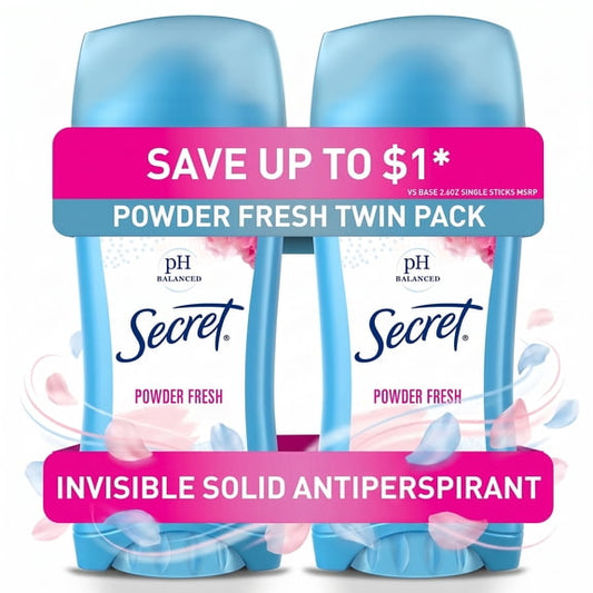 Secret Invisible Solid Antiperspirant Deodorant, Powder Fresh, 2.1 oz, Twin Pack