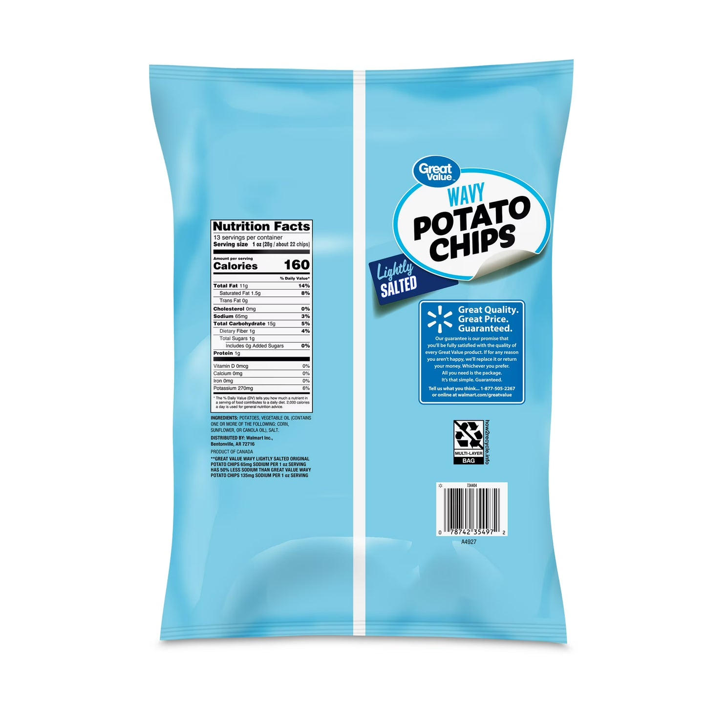 Great Value Lightly Salted Wavy Potato Chips Party Size, 13 oz