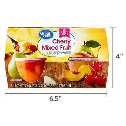 (6 pack) Great Value Cherry Mixed Fruit in 100% Juice, 4 oz, 4 Count