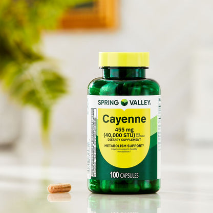 Spring Valley Cayenne Dietary Supplement Capsules for Metabolism Support, 455 mg, 100 Count