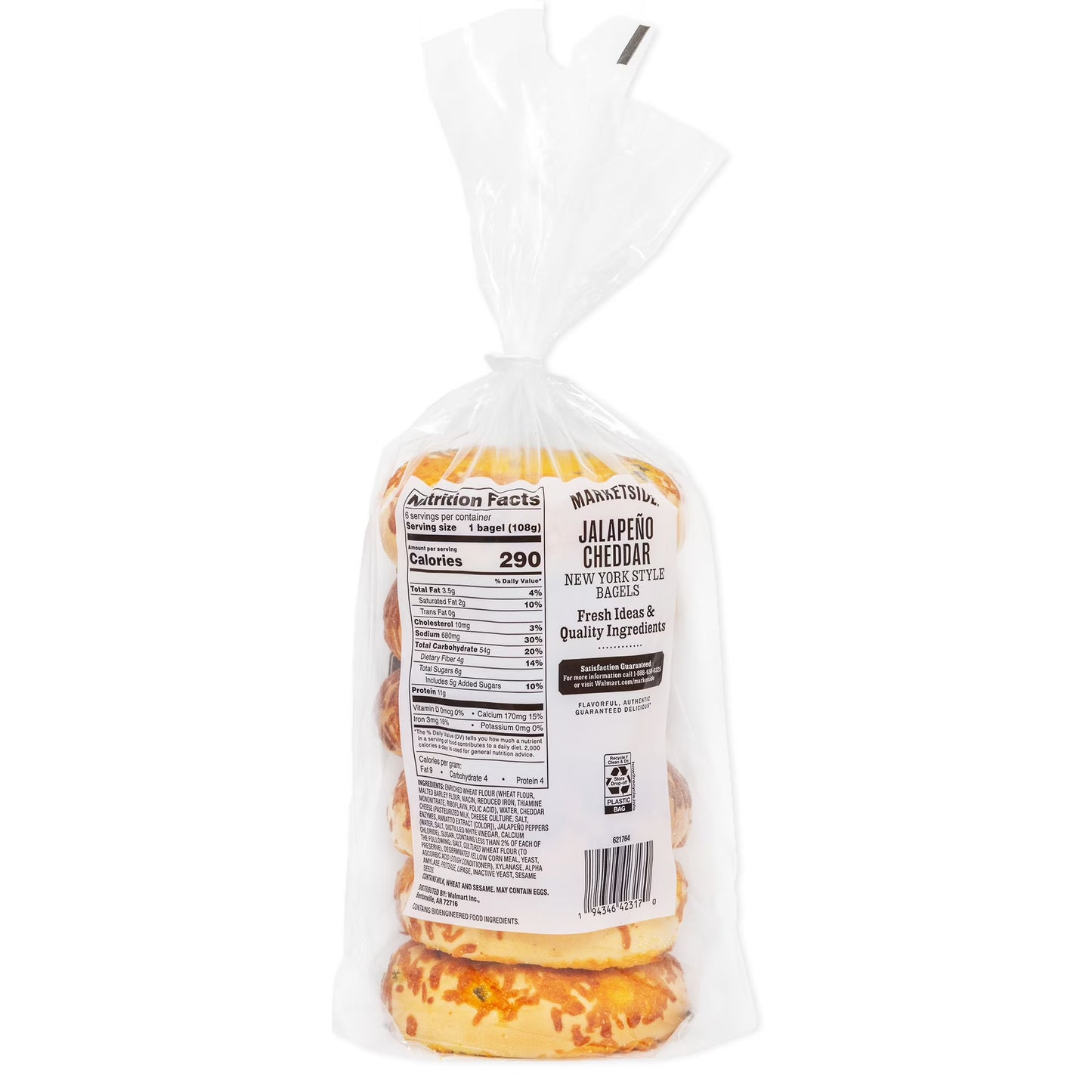Marketside Fresh Jalapeno Cheddar Bagels, Wheat and Barley Flour, Shelf-Stable, 22.8 oz, 6 Count