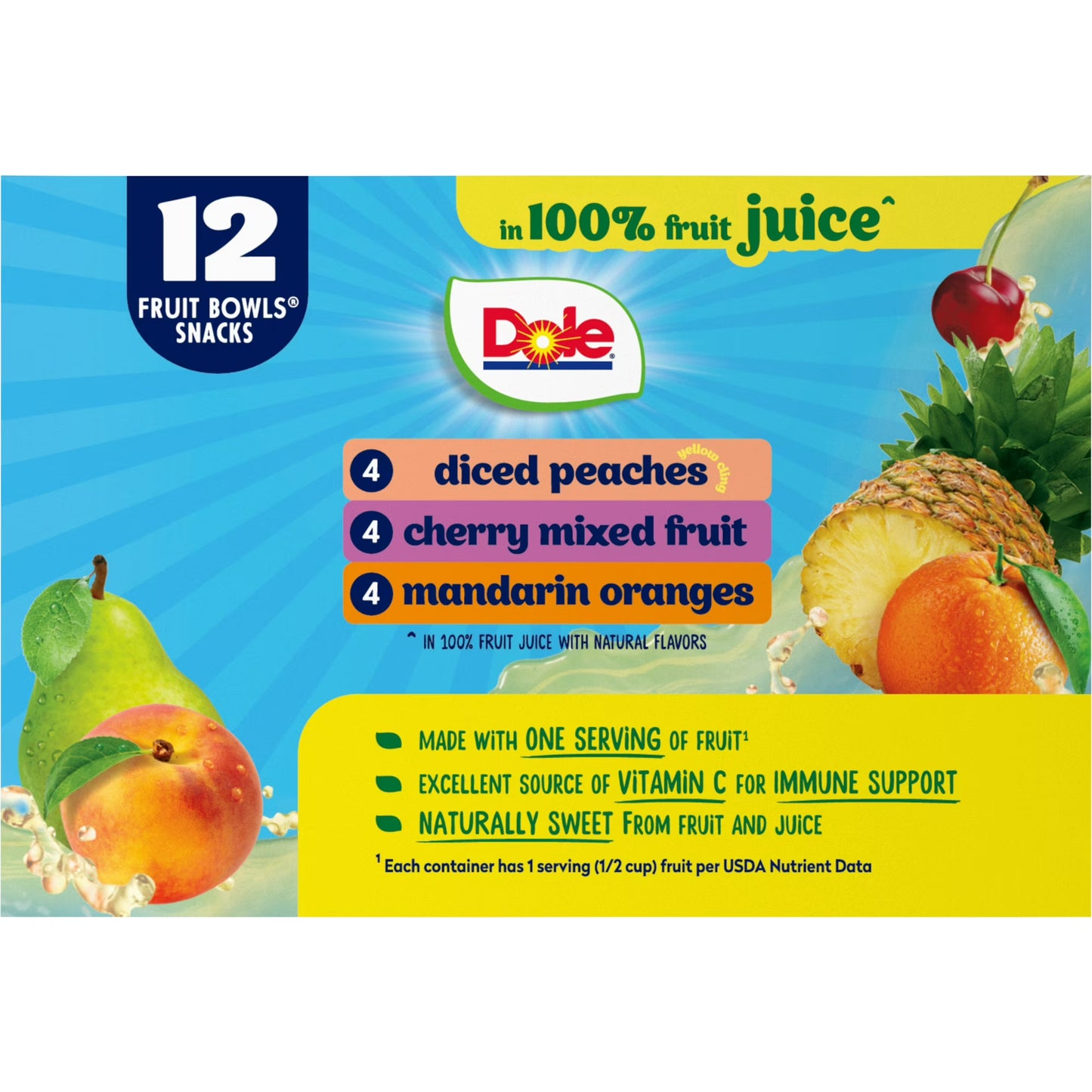 Dole Fruit Bowls Peaches, Mandarin Oranges, Cherry Mixed Fruit in 100% Fruit Juice, 4 oz (12 Pack)