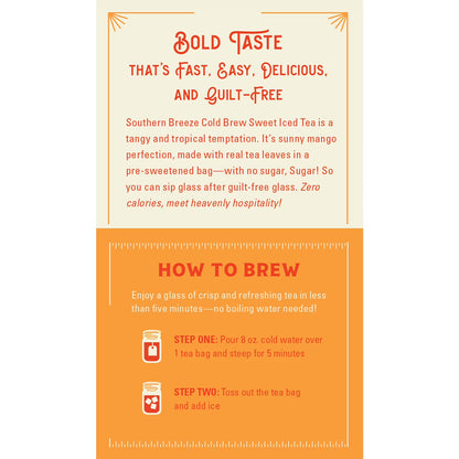 Southern Breeze Cold Brew Sweet Tea Mango Iced Tea with Black Tea and Zero Carbs Zero Sugar, 20 Individually Wrapped Tea Bags Southern Sweet Tea Iced Tea Beverage