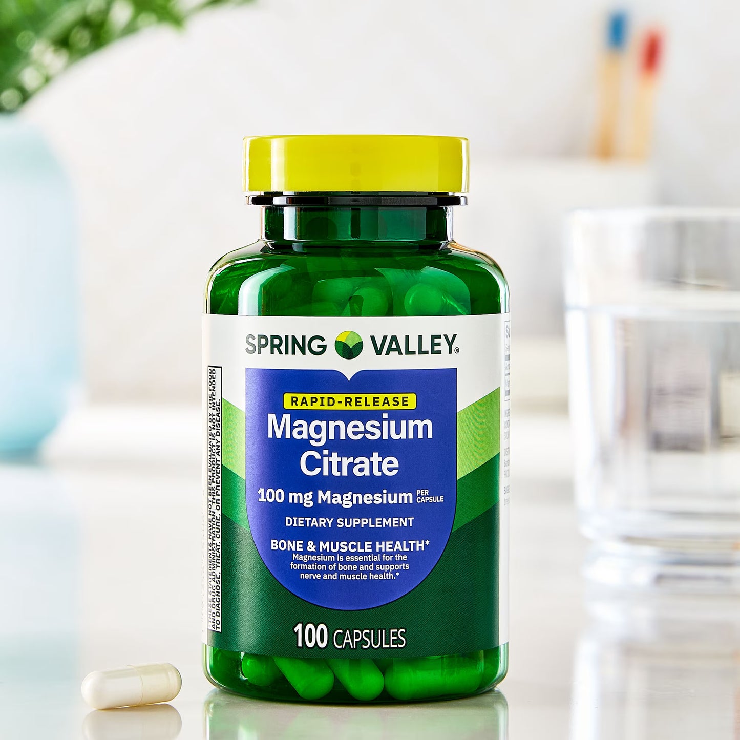 Spring Valley Rapid-Release Magnesium Citrate Bone Health Dietary Supplement Capsules, 100 mg, 100 Count
