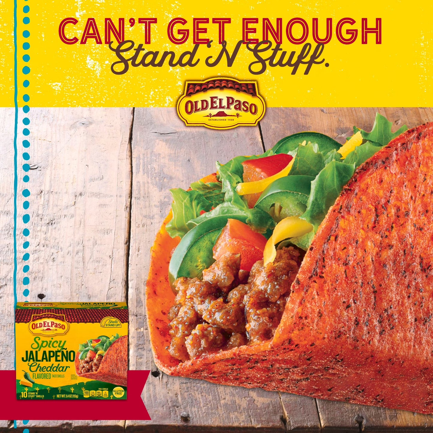 (3 pack) Old El Paso Spicy Jalapeno Cheddar Flavored Stand 'N Stuff Taco Shells, 10 Count, 5.4 oz