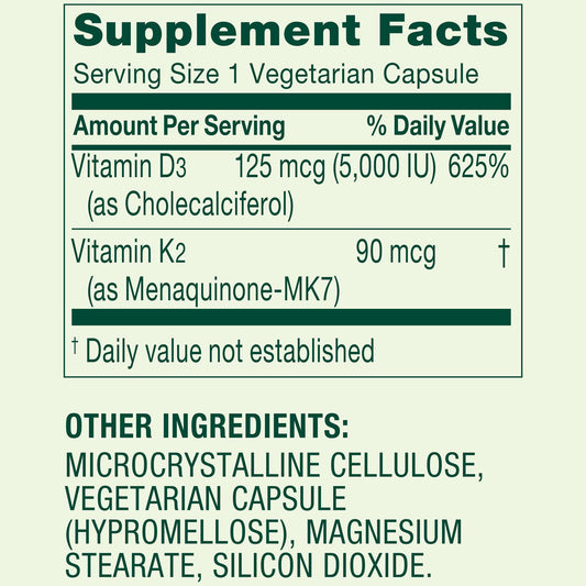 (3 pack) Spring Valley Vitamin K2 90 Mcg + D3 125 Mcg Vegetarian Capsules, 90 Count