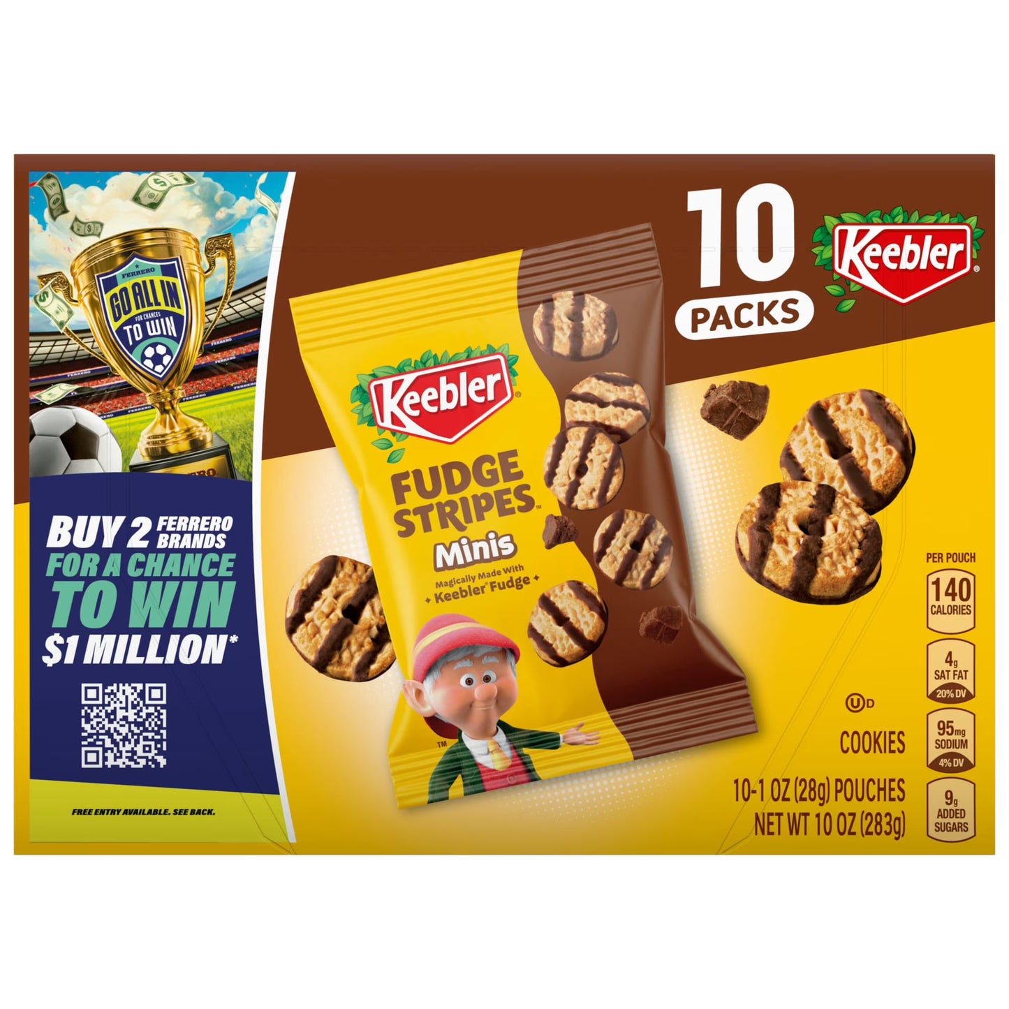 Keebler Fudge Stripes Minis, Original Shortbread Cookies Coated in Keebler Fudge, 10 oz, 10 Count