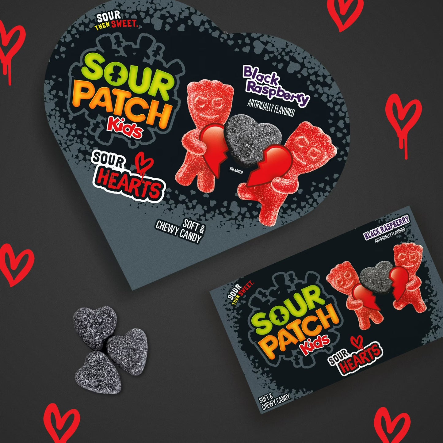 SOUR PATCH KIDS Sour Hearts Black Raspberry Soft & Chewy Candy, Valentines Candy, 3.08 oz