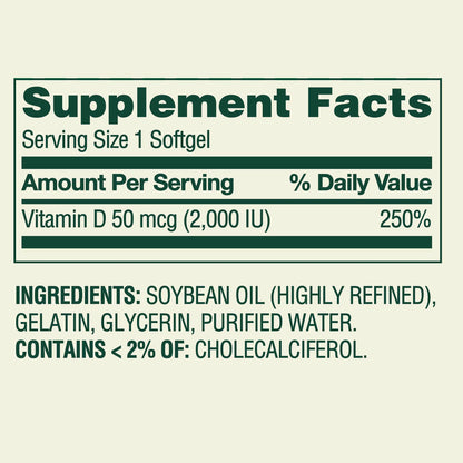 Spring Valley Vitamin D3 Softgels, 50 mcg (2,000 IU), 400 Count, Supplement for Bone and Immune Health
