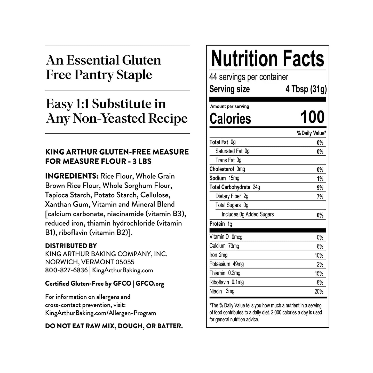 King Arthur Baking Company Non-GMO Project Verified, Certified Gluten-Free Measure for Measure Flour, 3 lb Bag