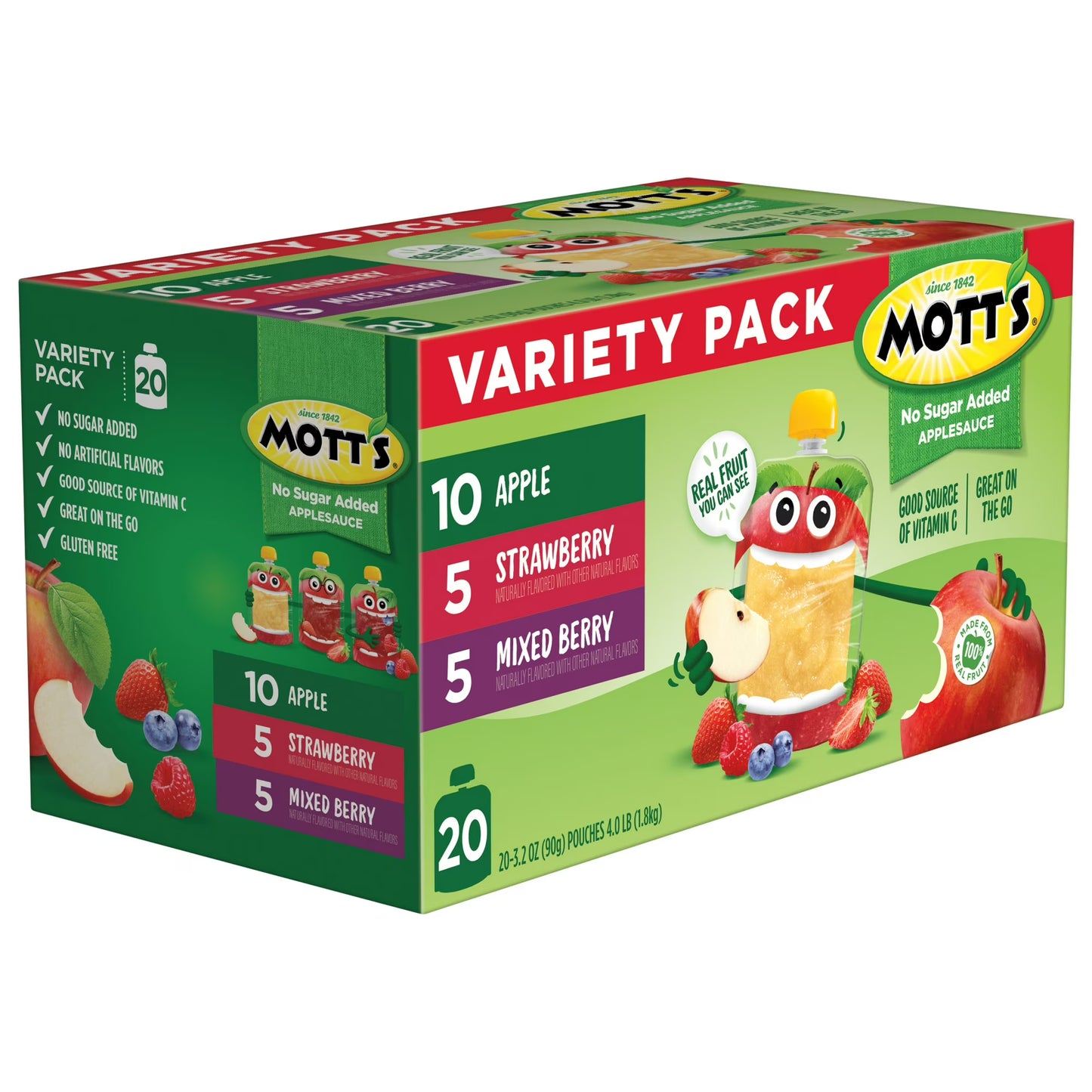 Mott's No Sugar Added Applesauce Variety Pack, 3.2 oz, 20 Count Clear Pouches