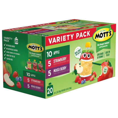Mott's No Sugar Added Applesauce Variety Pack, 3.2 oz, 20 Count Clear Pouches