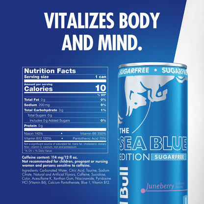 Red Bull Sea Blue Edition Sugarfree Energy Drink, Juneberry, 12 fl. oz., 6 x 4 Cans