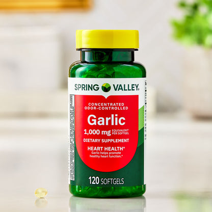 Spring Valley Odor-Controlled Garlic Dietary Supplement Softgels for Heart Health, 1000 mg, 120 Count
