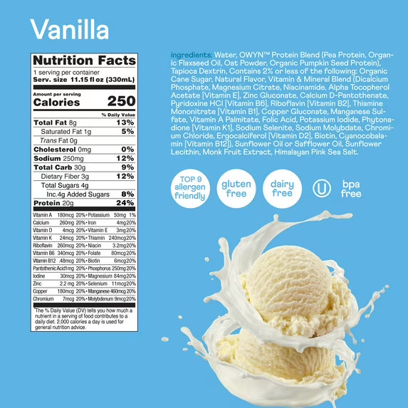OWYN Complete Nutrition 20g Protein Shake, Vanilla, 11.15 fl oz, 4 Count