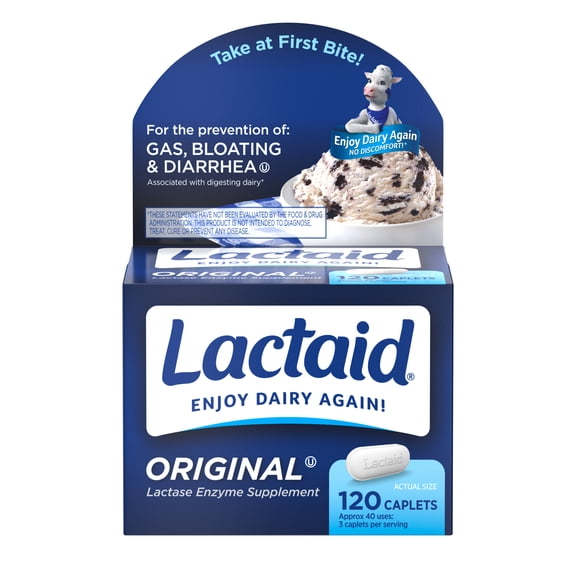 Lactaid Original Strength 9000 FCC Lactase Enzyme Caplets, Lactose Intolerance, 120 Count