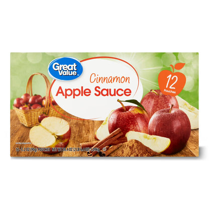 (4 pack) Great Value Cinnamon Applesauce, 3.2 oz, 12 Pouches