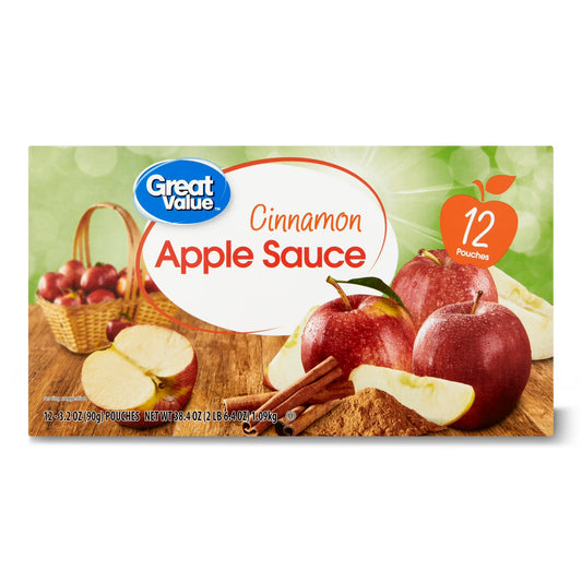 (4 pack) Great Value Cinnamon Applesauce, 3.2 oz, 12 Pouches