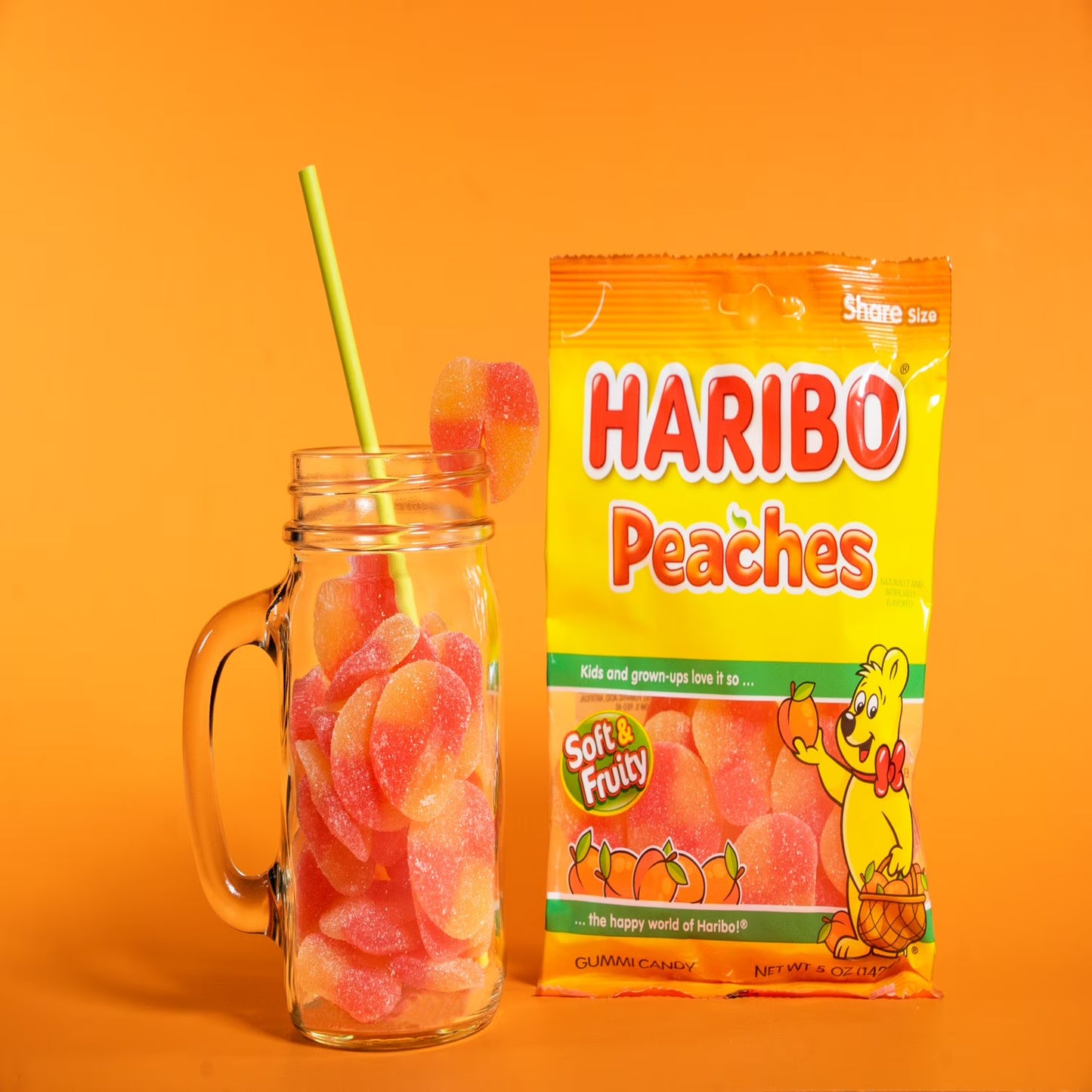 HARIBO Peaches Gummies Fruity Peach Flavor Gummy Candy, 8 oz, Share Size Bag