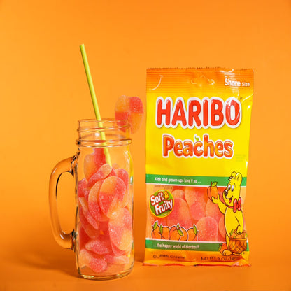 HARIBO Peaches Gummies Fruity Peach Flavor Gummy Candy, 8 oz, Share Size Bag