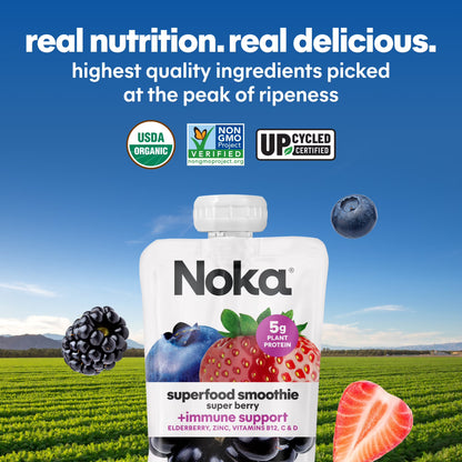 Noka Organic Superfood Smoothie Pouches, Plant Protein, Super Berry, 4.22oz, 4 Pack