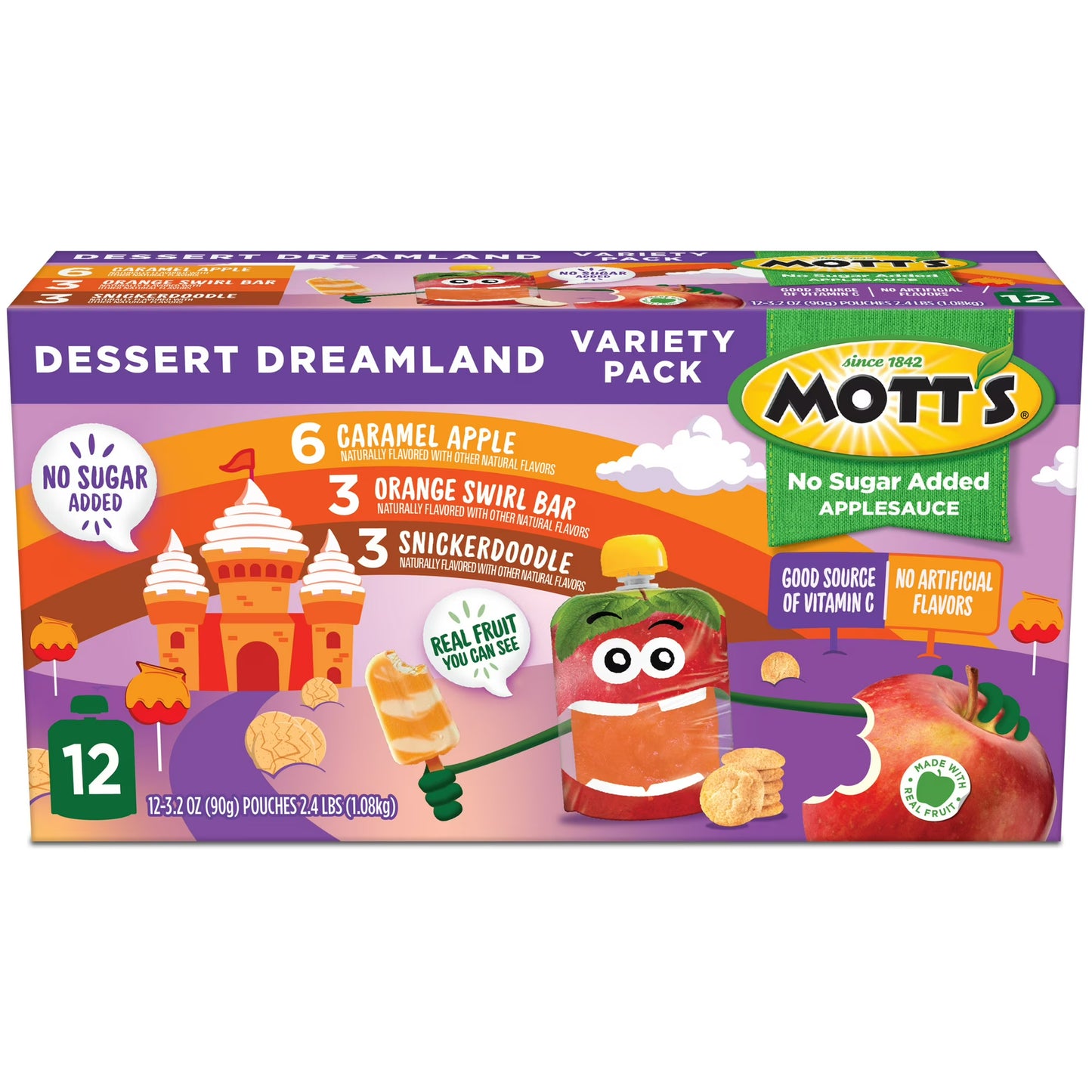 Mott’s No Sugar Added Dessert Dreamland Applesauce Variety Pack, 3.2 oz, 12 Count Clear Pouches