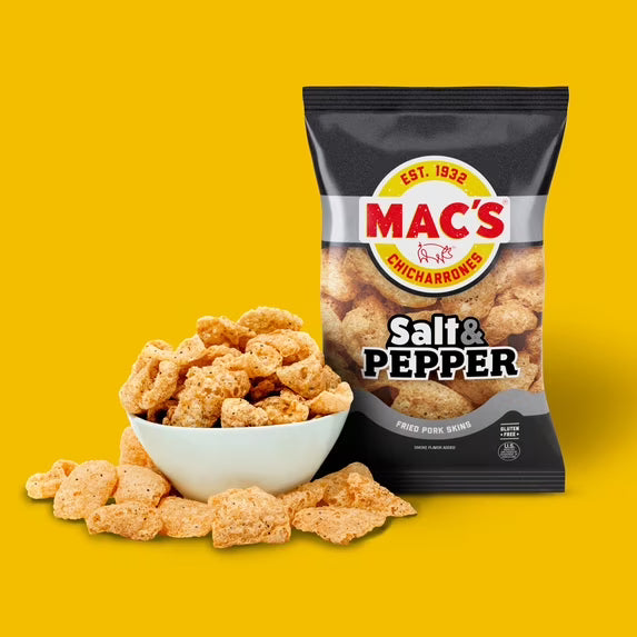 Mac's Salt and Pepper Chicharrones Pork Rinds, Pork Skins, 4 oz Bag
