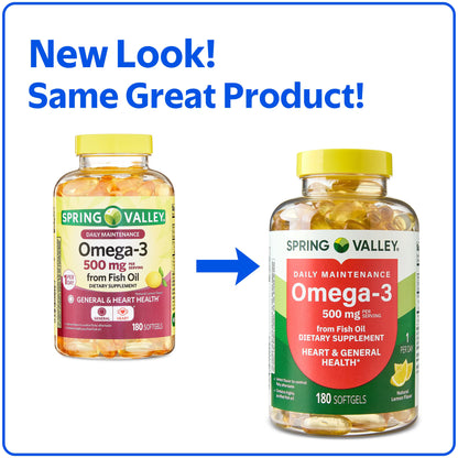 Spring Valley Daily Maintenance Omega-3 From Fish Oil Dietary Supplement Softgels for General & Heart Health, Lemon Flavor, 500 mg, 180 Count