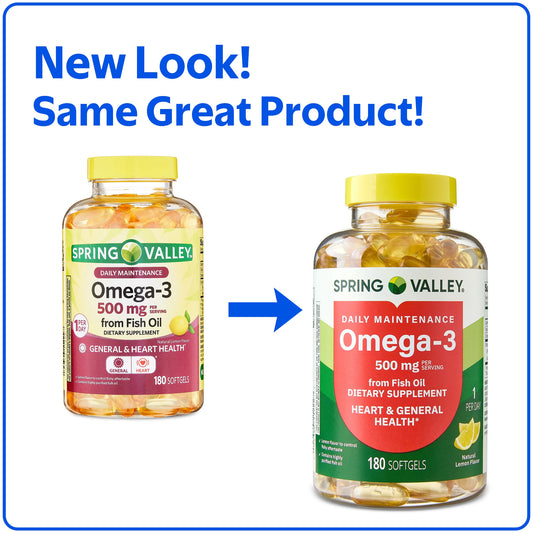 Spring Valley Daily Maintenance Omega-3 From Fish Oil Dietary Supplement Softgels for General & Heart Health, Lemon Flavor, 500 mg, 180 Count