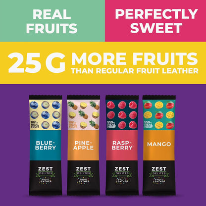 Zest Delites Fruit Leather Snacks, Vegan Fruit Bars, Berries & Tropical Flavors, Pack of 36