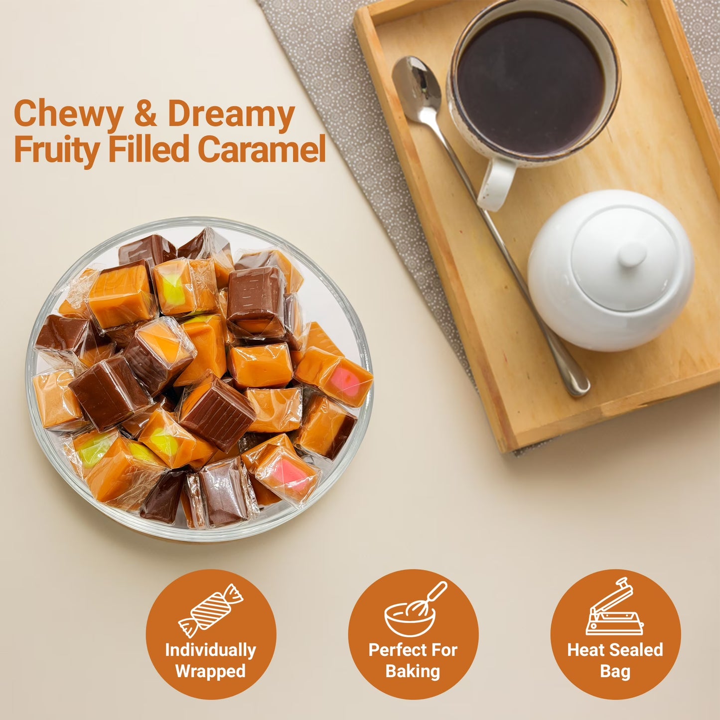 Assorted Caramel Candy Mix – 1 Pound, Individually Wrapped Soft Sweets with Filled Centers – Chewy Caramels, Flavored Caramels – Perfect For Parties, Events, Candy Tables, & More