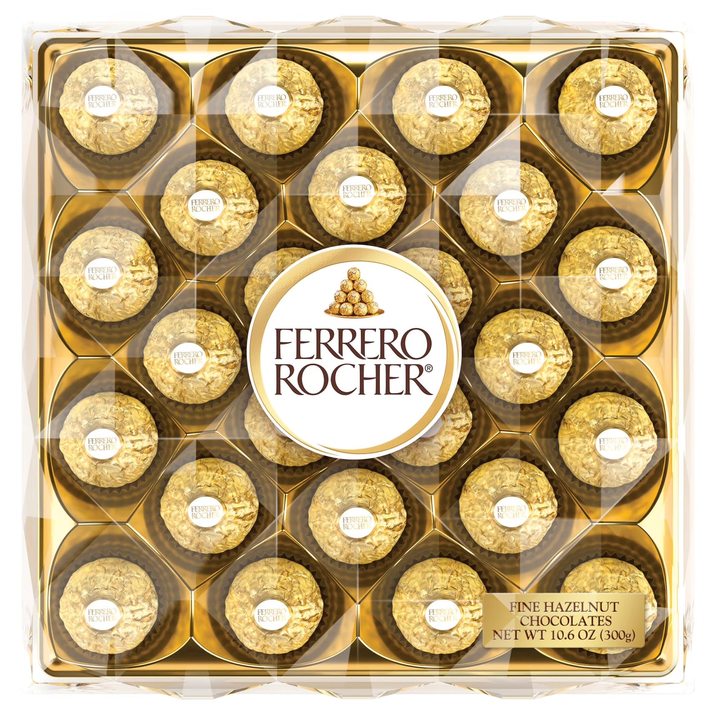 Ferrero Rocher Gourmet Hazelnut Milk Chocolate Gift Box, 24 Individually Wrapped Chocolates, 10.6 oz