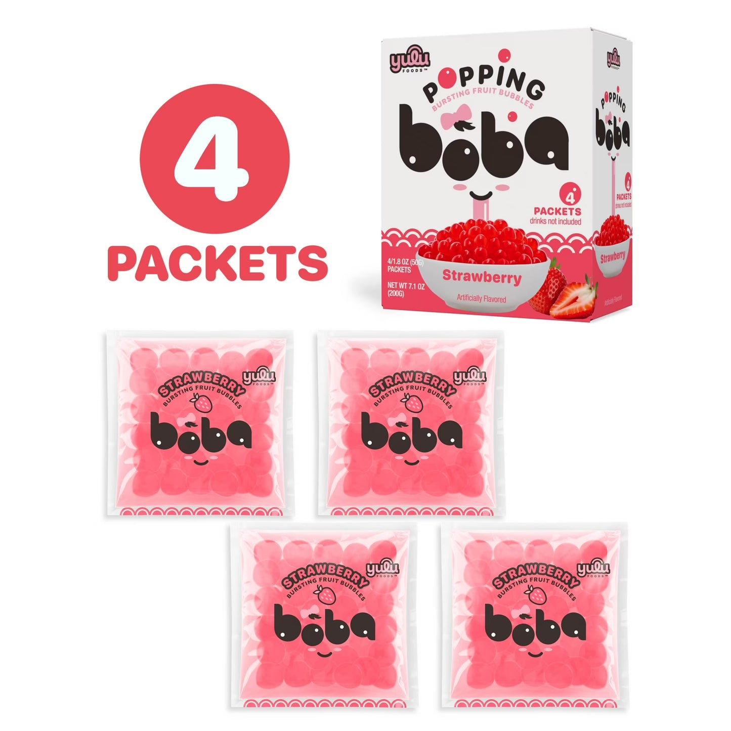 Yulu Foods - Popping Boba Pearls - Strawberry 4 Pack - Net Wt 7.1 oz. (200g)